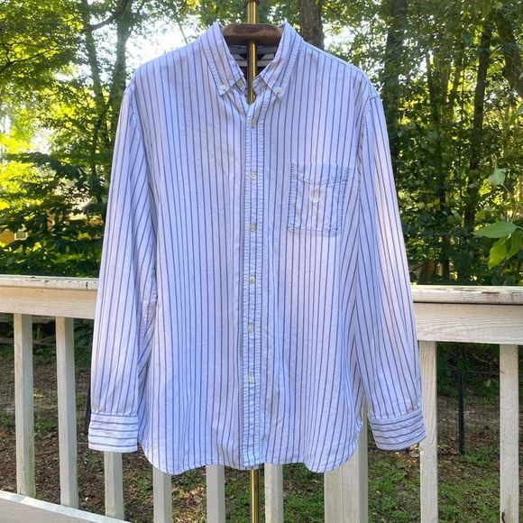 Chaps White Blue Stripe Crest Button Up Oxford Shirt - Picture 2 of 7